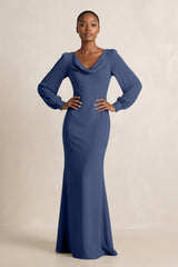 Long Sleeve V - Neck Sheath Chiffon Bridesmaid Dress in Navy - KissProm Bridesmaid Dresses