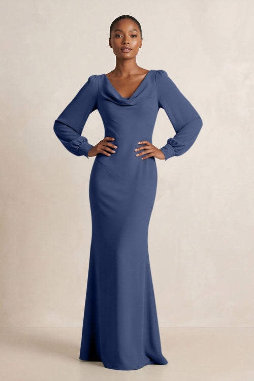Long Sleeve V - Neck Sheath Chiffon Bridesmaid Dress in Navy - KissProm Bridesmaid Dresses