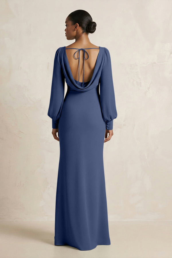 Long Sleeve V - Neck Sheath Chiffon Bridesmaid Dress in Navy - KissProm Bridesmaid Dresses