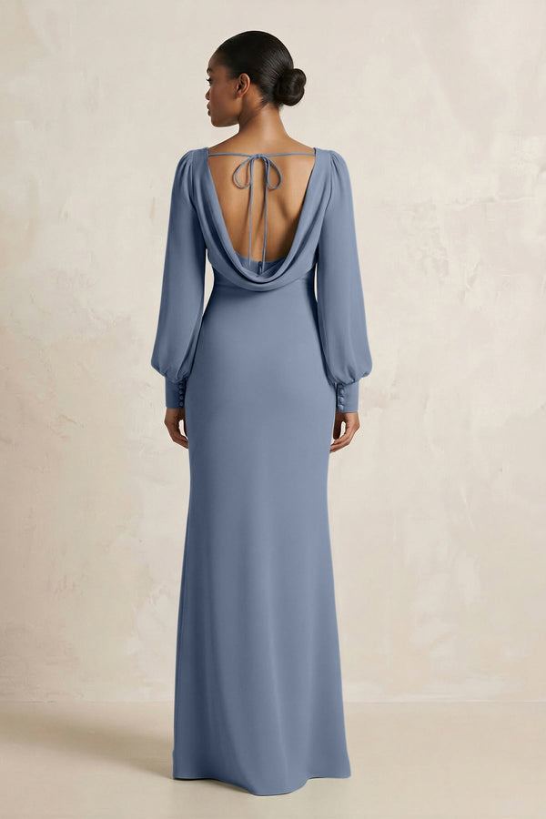 Long Sleeve V - Neck Sheath Chiffon Bridesmaid Dress in Neptune - KissProm Bridesmaid Dresses