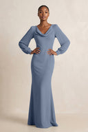 Long Sleeve V - Neck Sheath Chiffon Bridesmaid Dress in Neptune - KissProm Bridesmaid Dresses