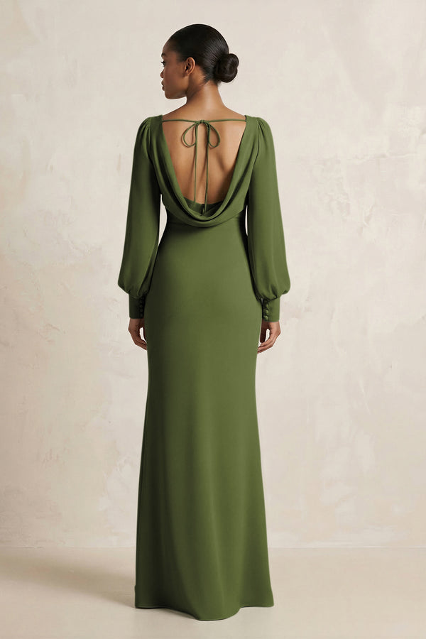 Long Sleeve V - Neck Sheath Chiffon Bridesmaid Dress in Olive - KissProm Bridesmaid Dresses