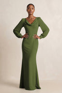 Long Sleeve V - Neck Sheath Chiffon Bridesmaid Dress in Olive - KissProm Bridesmaid Dresses