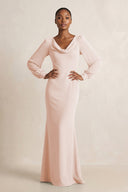 Long Sleeve V - Neck Sheath Chiffon Bridesmaid Dress in Pale Blush - KissProm Bridesmaid Dresses