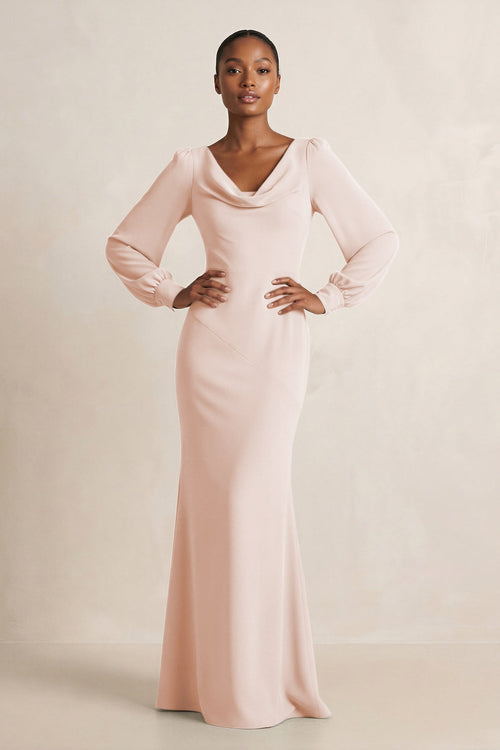 Long Sleeve V - Neck Sheath Chiffon Bridesmaid Dress in Pale Blush - KissProm Bridesmaid Dresses