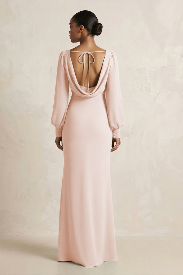 Long Sleeve V - Neck Sheath Chiffon Bridesmaid Dress in Pale Blush - KissProm Bridesmaid Dresses