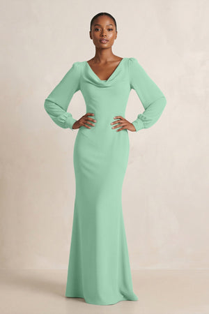 Long Sleeve V - Neck Sheath Chiffon Bridesmaid Dress in Pale Pistachio - KissProm Bridesmaid Dresses