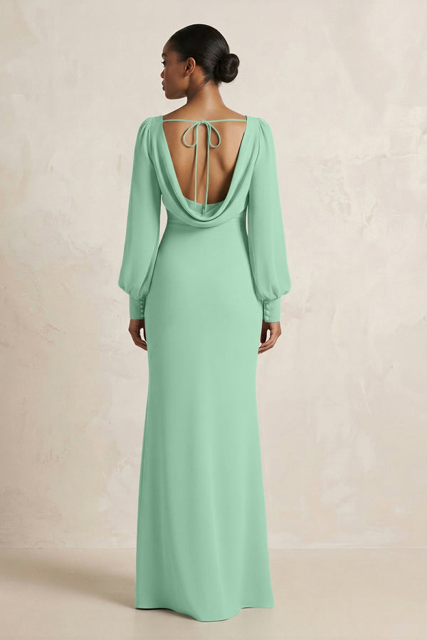 Long Sleeve V - Neck Sheath Chiffon Bridesmaid Dress in Pale Pistachio - KissProm Bridesmaid Dresses