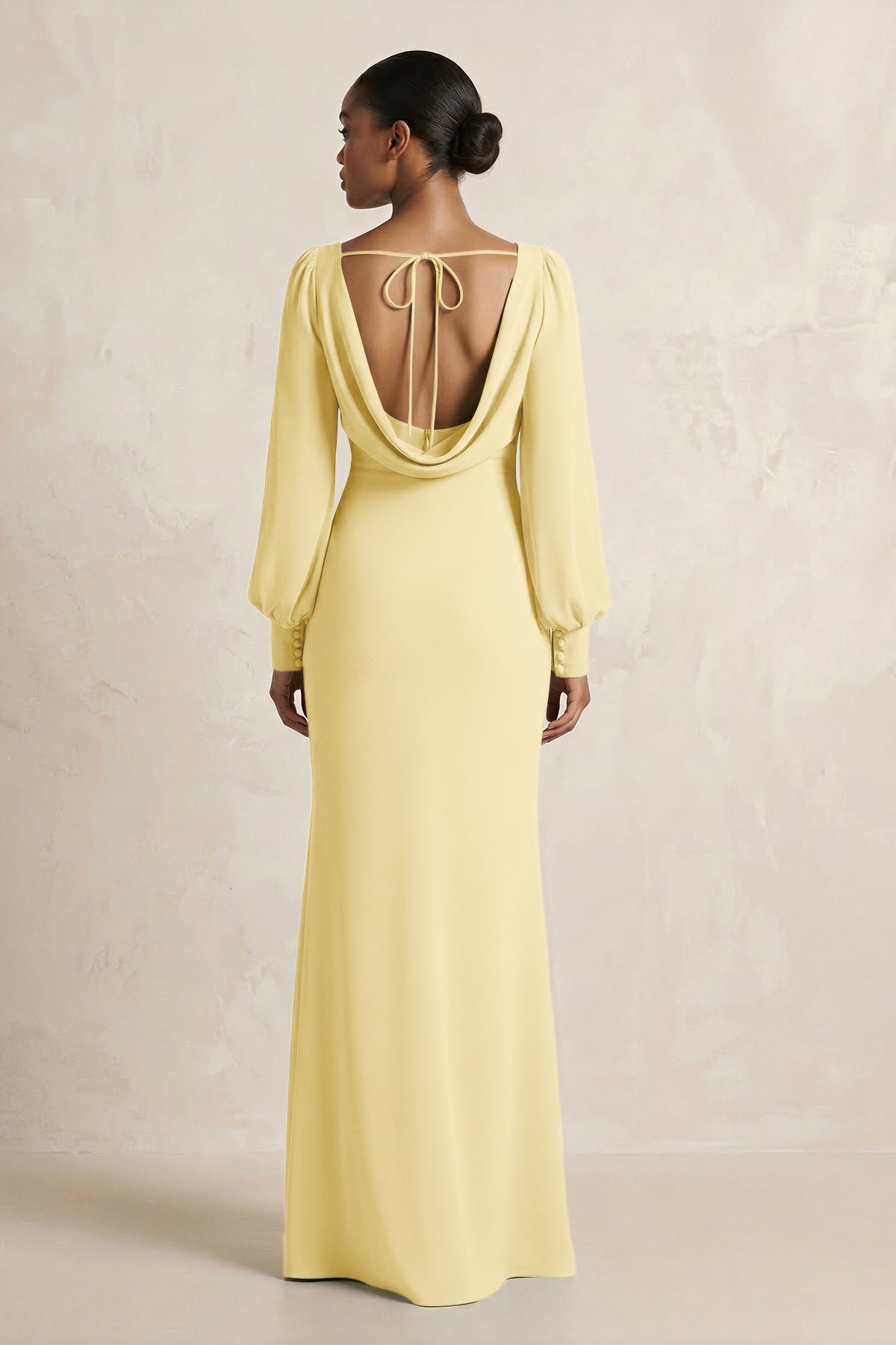 KissProm Long Sleeve V-Neck Sheath Chiffon Bridesmaid Dress in Pastel Yellow, Pastel Yellow / 14