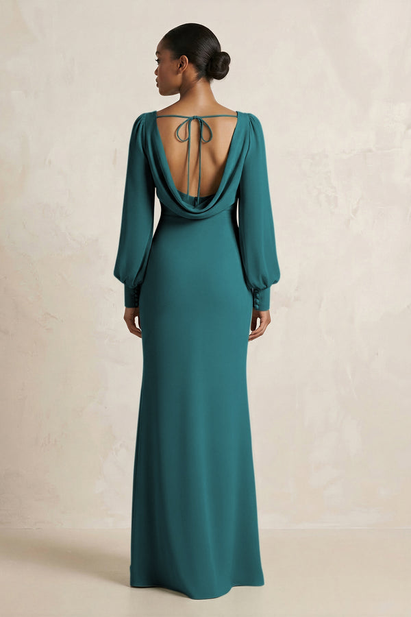 Long Sleeve V - Neck Sheath Chiffon Bridesmaid Dress in Pine - KissProm Bridesmaid Dresses