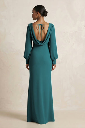 Long Sleeve V - Neck Sheath Chiffon Bridesmaid Dress in Pine - KissProm Bridesmaid Dresses