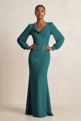 Long Sleeve V - Neck Sheath Chiffon Bridesmaid Dress in Pine - KissProm Bridesmaid Dresses