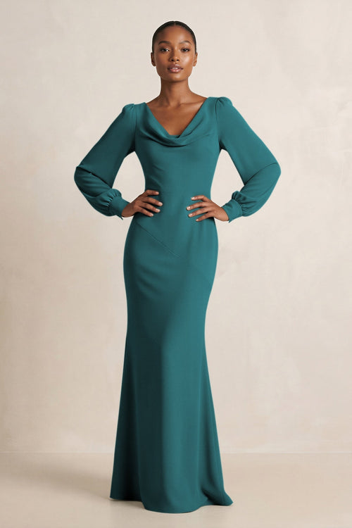 Long Sleeve V - Neck Sheath Chiffon Bridesmaid Dress in Pine - KissProm Bridesmaid Dresses