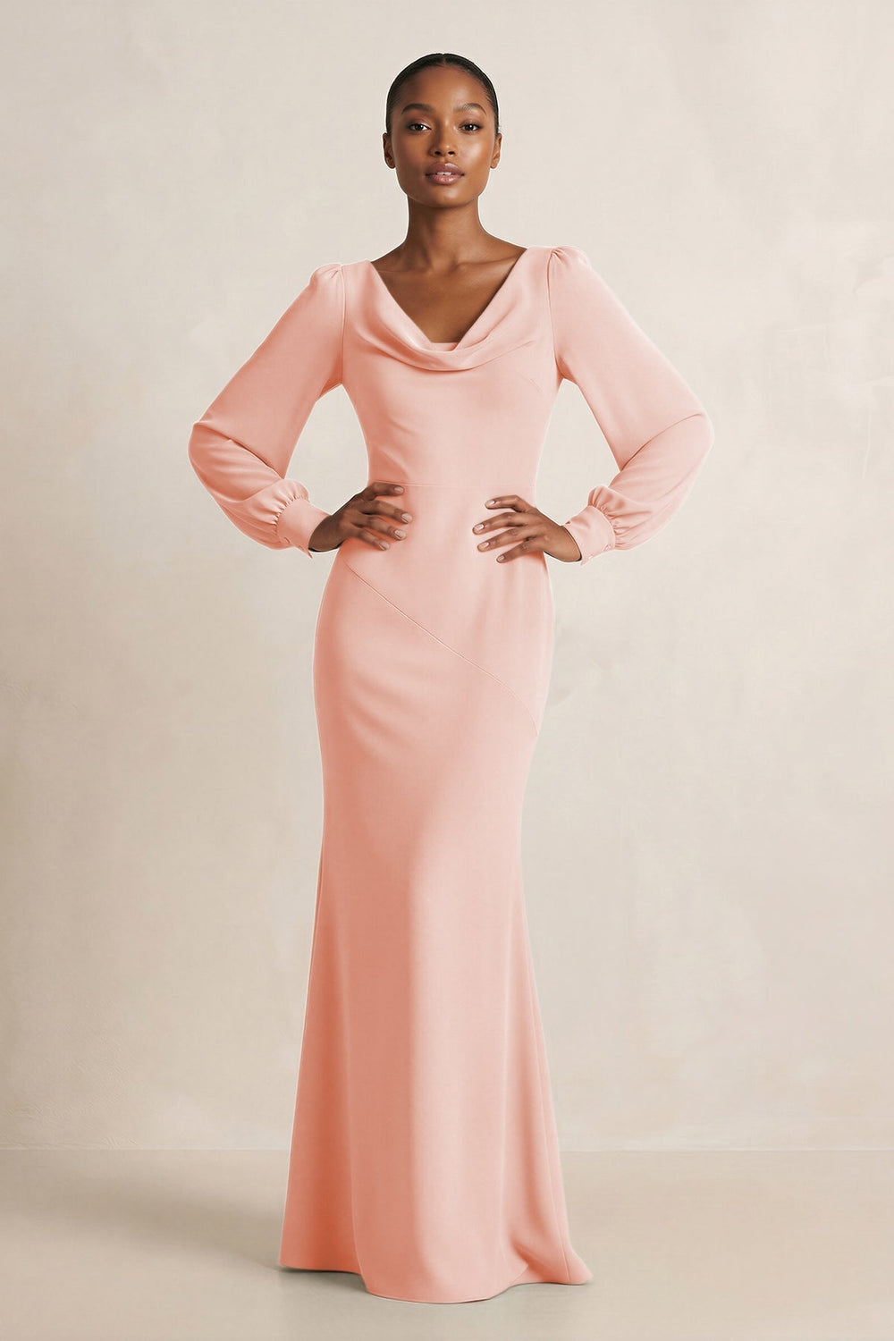 Long Sleeve V - Neck Sheath Chiffon Bridesmaid Dress in Rose Petal - KissProm Bridesmaid Dresses
