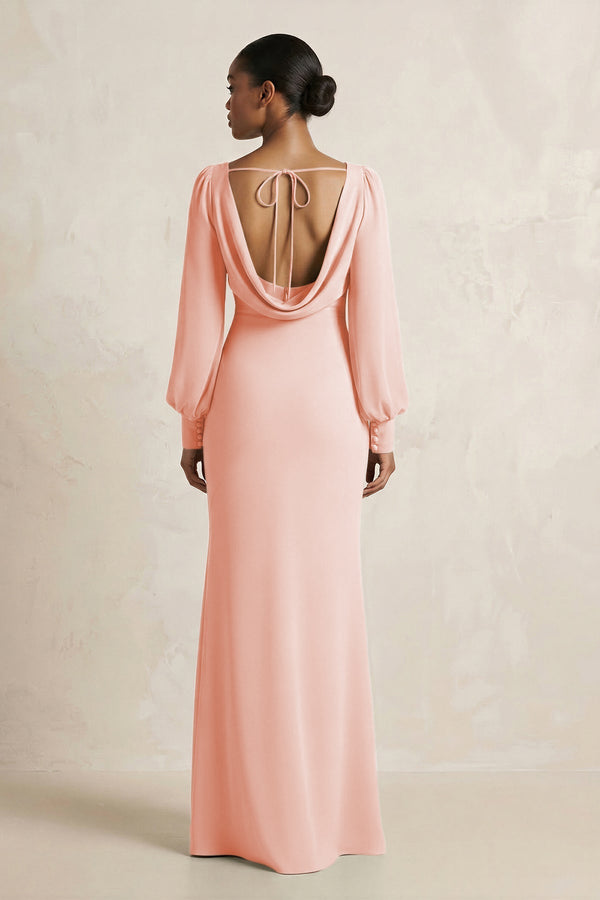 Long Sleeve V - Neck Sheath Chiffon Bridesmaid Dress in Rose Petal - KissProm Bridesmaid Dresses