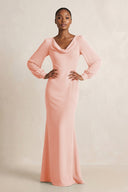 Long Sleeve V - Neck Sheath Chiffon Bridesmaid Dress in Rose Petal - KissProm Bridesmaid Dresses