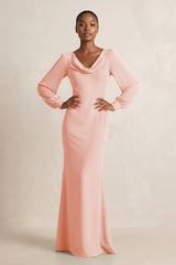 Long Sleeve V - Neck Sheath Chiffon Bridesmaid Dress in Rose Petal - KissProm Bridesmaid Dresses