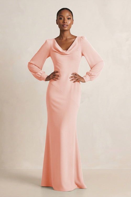 Long Sleeve V - Neck Sheath Chiffon Bridesmaid Dress in Rose Petal - KissProm Bridesmaid Dresses