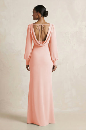 Long Sleeve V - Neck Sheath Chiffon Bridesmaid Dress in Rose Petal - KissProm Bridesmaid Dresses