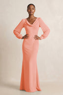 Long Sleeve V - Neck Sheath Chiffon Bridesmaid Dress in Rosette - KissProm Bridesmaid Dresses