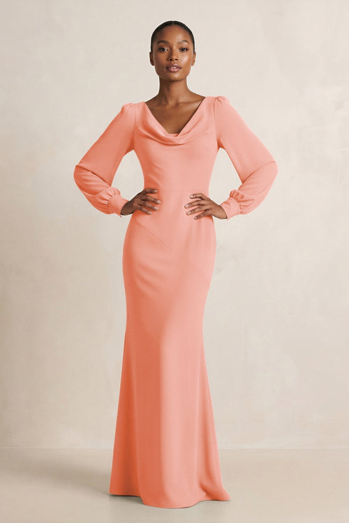 Long Sleeve V - Neck Sheath Chiffon Bridesmaid Dress in Rosette - KissProm Bridesmaid Dresses