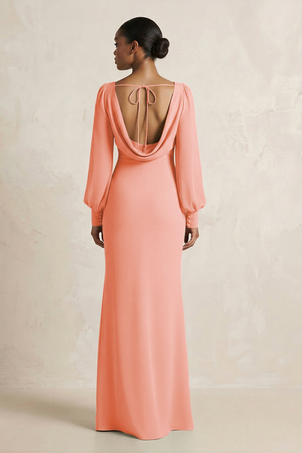 Long Sleeve V - Neck Sheath Chiffon Bridesmaid Dress in Rosette - KissProm Bridesmaid Dresses