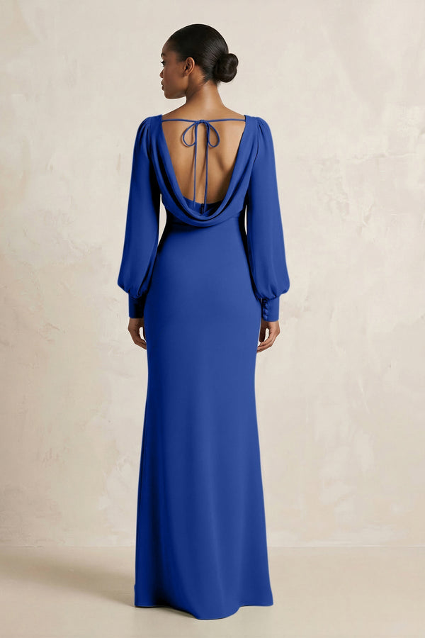 Long Sleeve V - Neck Sheath Chiffon Bridesmaid Dress in Royal Blue - KissProm Bridesmaid Dresses