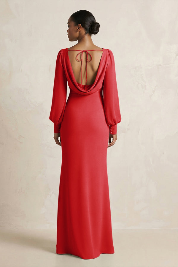 Long Sleeve V - Neck Sheath Chiffon Bridesmaid Dress in Ruby Red - KissProm Bridesmaid Dresses