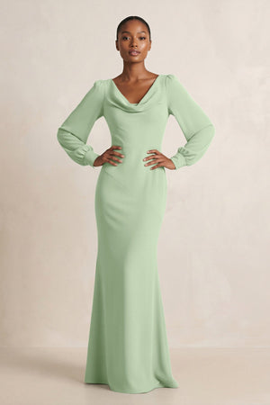 Long Sleeve V - Neck Sheath Chiffon Bridesmaid Dress in Sage - KissProm Bridesmaid Dresses