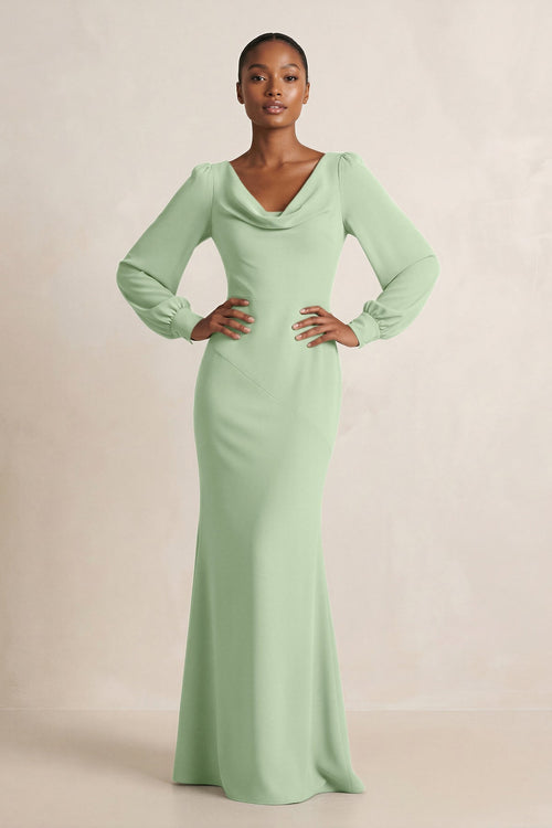 Long Sleeve V - Neck Sheath Chiffon Bridesmaid Dress in Sage - KissProm Bridesmaid Dresses