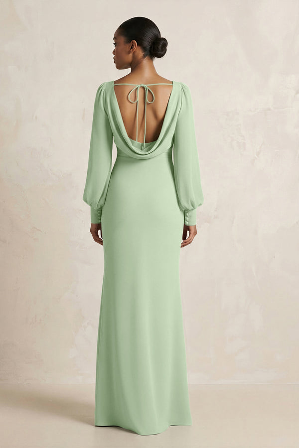 Long Sleeve V - Neck Sheath Chiffon Bridesmaid Dress in Sage - KissProm Bridesmaid Dresses