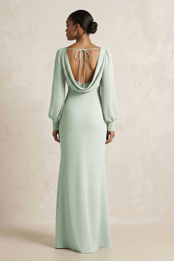 Long Sleeve V - Neck Sheath Chiffon Bridesmaid Dress in Sage - KissProm Bridesmaid Dresses