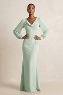 Long Sleeve V - Neck Sheath Chiffon Bridesmaid Dress in Sage - KissProm Bridesmaid Dresses