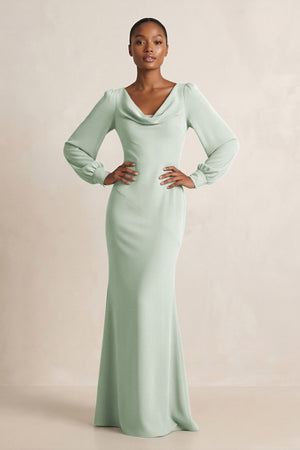 Long Sleeve V - Neck Sheath Chiffon Bridesmaid Dress in Sage - KissProm Bridesmaid Dresses