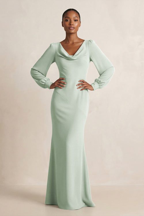 Long Sleeve V - Neck Sheath Chiffon Bridesmaid Dress in Sage - KissProm Bridesmaid Dresses