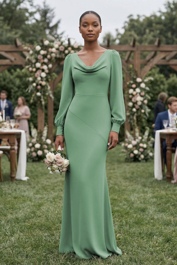 Long Sleeve V-Neck Sheath Chiffon Bridesmaid Dress in Sea Glass, Sea Glass / 28