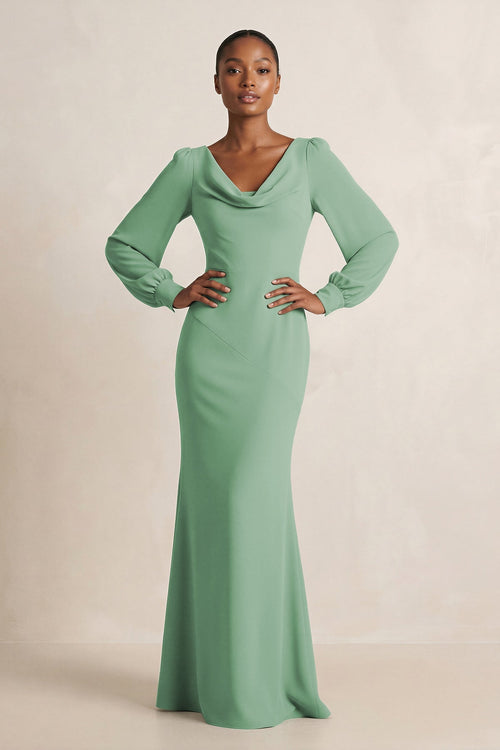 KissProm Long Sleeve V-Neck Sheath Chiffon Bridesmaid Dress in Sea Glass, Sea Glass / 28