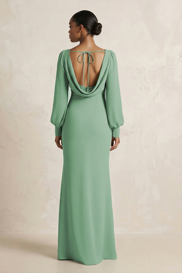 Long Sleeve V - Neck Sheath Chiffon Bridesmaid Dress in Sea Glass - KissProm Bridesmaid Dresses