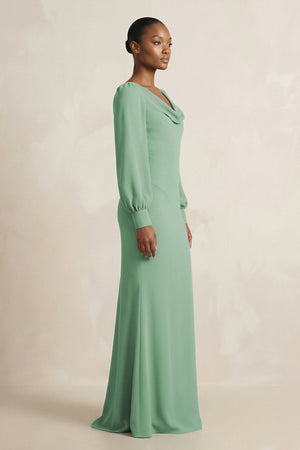 Long Sleeve V - Neck Sheath Chiffon Bridesmaid Dress in Sea Glass - KissProm Bridesmaid Dresses