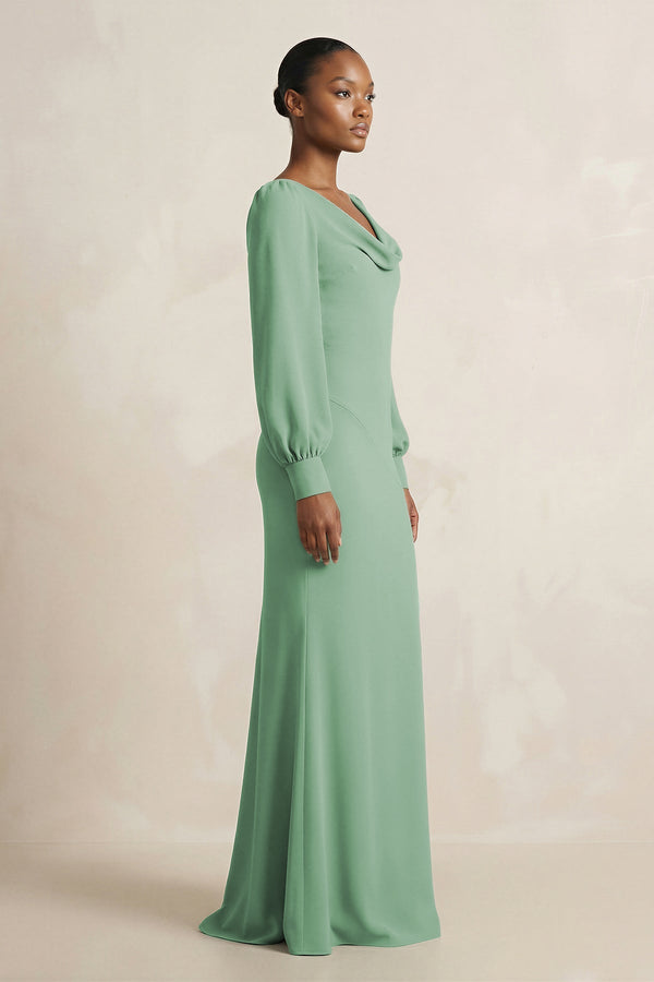 Long Sleeve V - Neck Sheath Chiffon Bridesmaid Dress in Sea Glass - KissProm Bridesmaid Dresses
