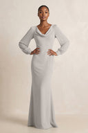Long Sleeve V - Neck Sheath Chiffon Bridesmaid Dress in Silver - KissProm Bridesmaid Dresses