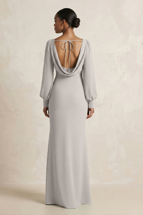 Long Sleeve V - Neck Sheath Chiffon Bridesmaid Dress in Silver - KissProm Bridesmaid Dresses
