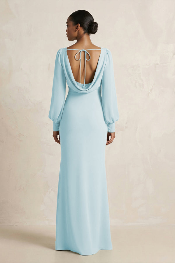 Long Sleeve V - Neck Sheath Chiffon Bridesmaid Dress in Sky Blue - KissProm Bridesmaid Dresses
