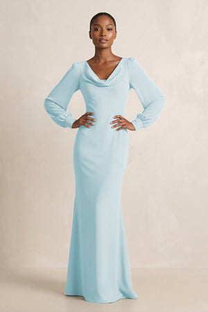 Long Sleeve V - Neck Sheath Chiffon Bridesmaid Dress in Sky Blue - KissProm Bridesmaid Dresses