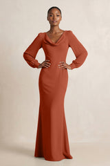 Long Sleeve V - Neck Sheath Chiffon Bridesmaid Dress in Spice - KissProm Bridesmaid Dresses