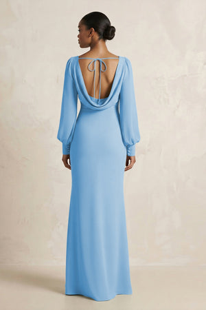 Long Sleeve V - Neck Sheath Chiffon Bridesmaid Dress in Steel Blue - KissProm Bridesmaid Dresses