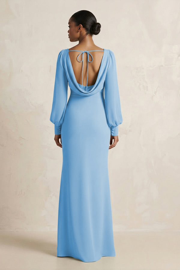 Long Sleeve V - Neck Sheath Chiffon Bridesmaid Dress in Steel Blue - KissProm Bridesmaid Dresses