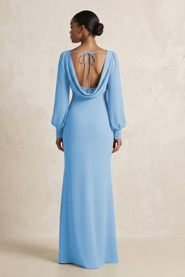 Long Sleeve V - Neck Sheath Chiffon Bridesmaid Dress in Steel Blue - KissProm Bridesmaid Dresses
