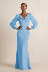 Long Sleeve V - Neck Sheath Chiffon Bridesmaid Dress in Steel Blue - KissProm Bridesmaid Dresses