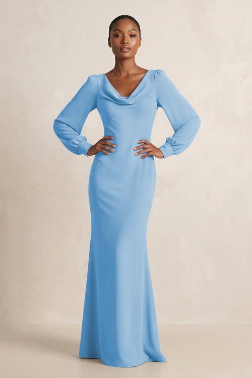 Long Sleeve V - Neck Sheath Chiffon Bridesmaid Dress in Steel Blue - KissProm Bridesmaid Dresses